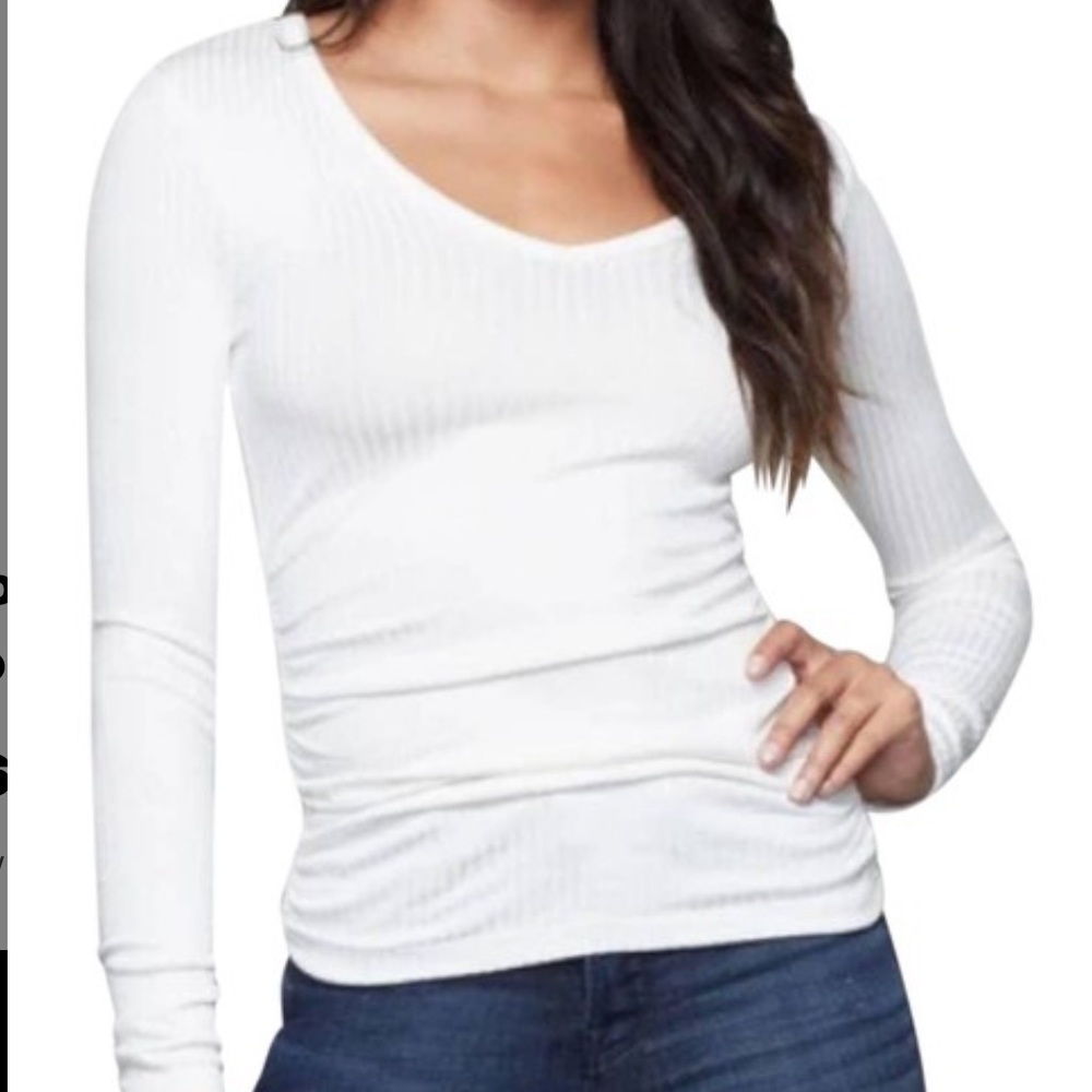 Good American White Women's Shirred Rib Long Sleeve Large Tee Shirt